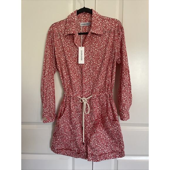 Overlover Romper Womens Red White Floral Pockets XS Edith - Picture 1 of 9